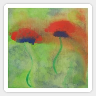 Gouache painting of red poppies on a green meadow Sticker